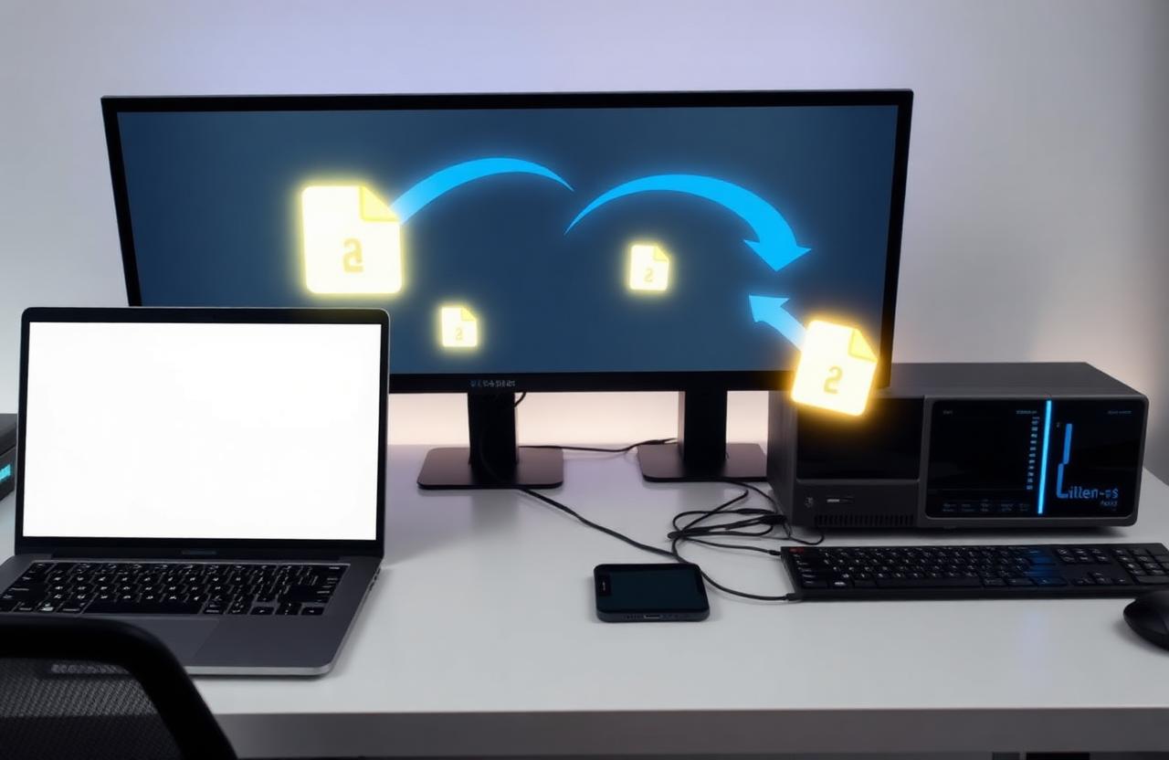 New laptop being set up with files transferring from an older computer